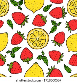 Berry Strawberry and lemon with a round slice. Yellow and Red colors. Seamless pattern texture. Vector hand drawn illustration Surface design isolated on white background. Dessert Ingredients