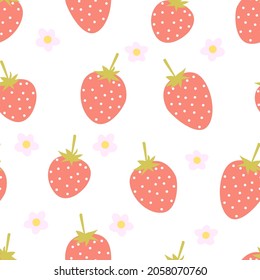 berry strawberry seamless pattern. fruit pattern. berries and flowers on a white background. stock vector illustration in flat cartoon style.