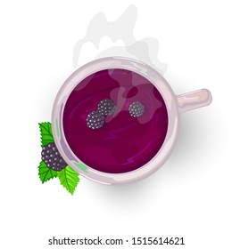 Berry sweet relaxation, calming tea with blackberry, syrup or jam garnished with green leaves. Hot flavoured beverage in white ceramic cup with smoke. Cartoon vector illustration on white. Top view.