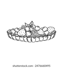 Berry tart dessert vector illustration. Pastry line art, engraving, black and white outline