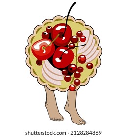 Berry tart standing on bare human feet. Creative funny food concept. Cartoon style. Isolated vector illustration.
