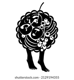 Berry tart standing on bare human feet. Creative funny food concept. Black and white silhouette.