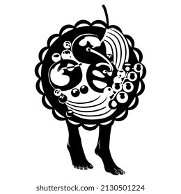 Berry tart standing on bare human feet. Creative funny food concept. Black and white silhouette.