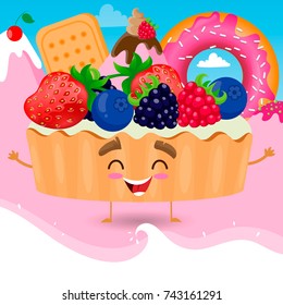 Berry Tartlet Character in Candy Land, Cartoon Personage with Abstract Background, Hand Drawn Vector Illustration EPS 10