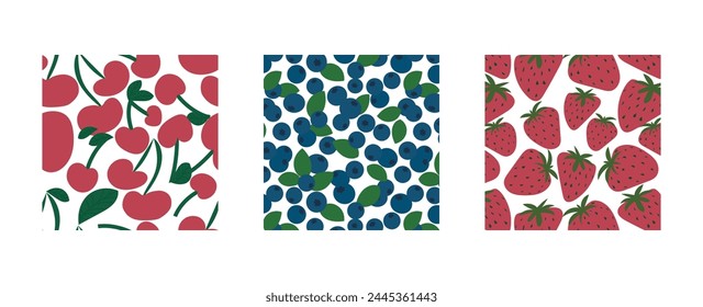 Berry tasty seamless pattern for kitchen with strawberry, blueberry, cherry. Colorful print design with juicy natural sweets. 