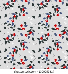 Berry and tiny flower seamless pattern.