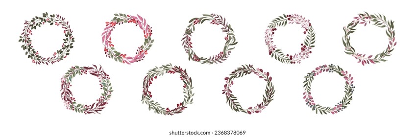 Berry Twig and Branches Round Wreath and Frame Vector Set