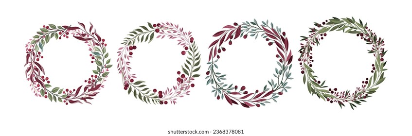 Berry Twig and Branches Round Wreath and Frame Vector Set