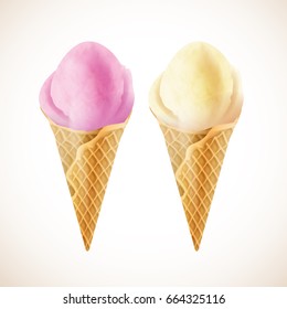 Berry and vanilla ice-cream ball in a waffle cone. Realistic illustration of fresh summer dessert. 