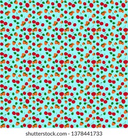 Berry vector design. Seamless of strawberry, cherry, leaves scattered on a turquoise, artistic background. Ripe summer fruits for healthy eating. Illustration.