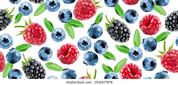 Berry vector seamless pattern. Raspberry, blackberry and blueberry background