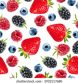 Berry vector seamless pattern. Strawberries, blueberries, raspberries and blackberries on white back