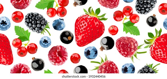 Berry vector seamless pattern. Strawberries, raspberries, blueberries and currant