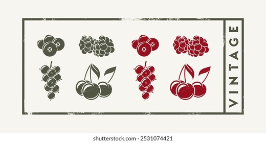 Berry vintage style. Isolated raspberry blackberry cranberry currant and cherry. Abstract fruit with grunge texture