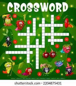 Berry wizard, mage, warlock and fairy funny characters. Crossword grid. Find a word quiz game, kids playing activity vector worksheet with gooseberry, strawberry and blackcurrant, grape, cherry