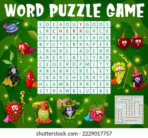 Berry wizard, mage, warlock and fairy funny characters. Word search puzzle game worksheet. Kids logical riddle, educational vector puzzle with blueberry, cherry and blackcurrant, dogwood, strawberry