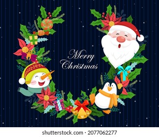 Berry wreath decorated with candies, bells, penguins, Santa's head, snowman's head and gift boxes. For home decorations or parties. Banner vector illustration flat design