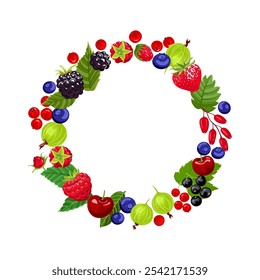 Berry wreath. Round frame with empty space for text. Vector cartoon illustration. 