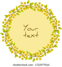 Berry wreath; round frame with yellow berries for greeting cards, invitations, posters, banners, packaging.