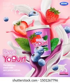 Berry yogurt ads with splashing sauce and strawberries, blueberries on pink background in 3d illustration