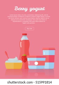 Berry yogurt banner. Milk production. Yogurt with berries and blueberries. Different dairy products from milk on red background. Assortment of dairy products. Farm food. Dairy website template.