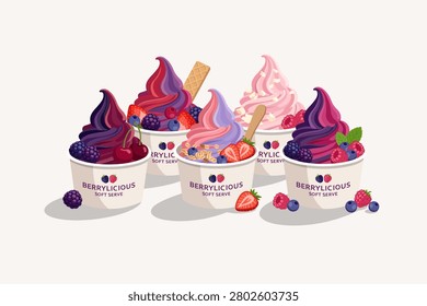 Berrylicious soft serve ice cream cup collection vector illustration. Set of diverse berry frozen yogurt flavors including strawberry, raspberry, blackberry, and cherry.