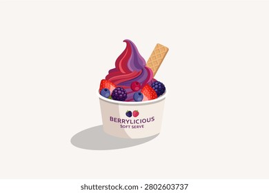 Berrylicious soft serve ice cream swirl with wafer stick vector. Triple berry frozen yogurt cup topped with fresh strawberry, blackberry, and blueberry.