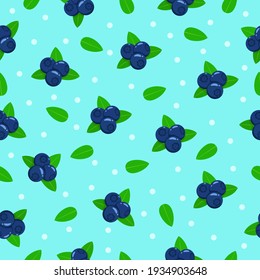 Berrys seamless pattern. Summer vector pattern with blueberry and individual green leaves on a cyan background. For the design of fabrics, packaging and wallpapers.