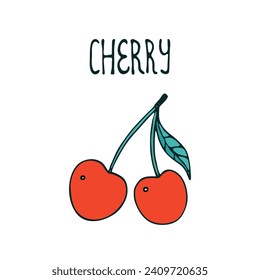 Berry.Vector hand drawn isolated cherry with lettering.