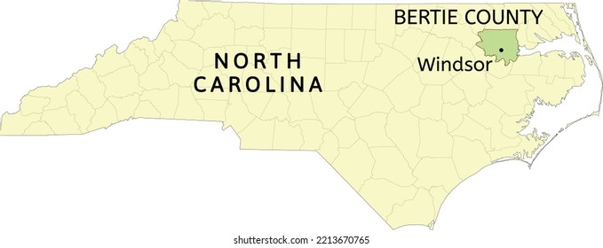 Ubicación del condado de Bertie y la ciudad de Windsor en el mapa estatal de Carolina del Norte