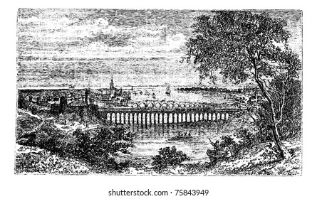 Berwick-upon-Tweed also known as Berwick town, Northumberland, England, old engraved illustration of the town, Berwick, England.