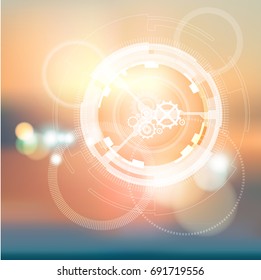 beryllium atom structure on the blue-pink background. Light waves. Abstract background