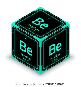 Beryllium (Be) (004) - Fundamental Element Futuristic Cybernetic Cube Block Isometric View, Icon Isolated White Background, Periodic Table, Chemical Symbol, Name, Atomic Mass, Atomic Number