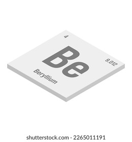 Beryllium, Be, gray 3D isometric illustration of periodic table element with name, symbol, atomic number and weight. Lightweight metal with high strength and heat resistance, commonly used in