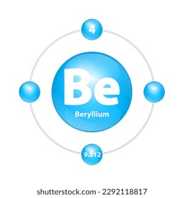 Beryllium (Be) Icon structure chemical element round shape circle light blue with surround ring. Period number shows of energy levels of electron. Study science for education. 3D Illustration vector.