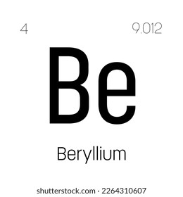Beryllium, Be, periodic table element with name, symbol, atomic number and weight. Lightweight metal with high strength and heat resistance, commonly used in aerospace and defense industries.