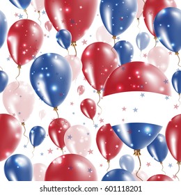 BES islands Independence Day Seamless Pattern. Flying Rubber Balloons in Colors of the Dutch Flag. Happy BES islands Day Patriotic Card with Balloons, Stars and Sparkles.