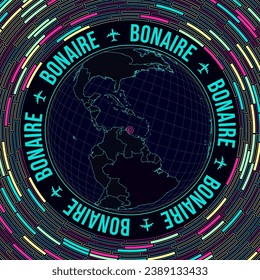 BES islands on globe. Satelite view of the world centered to BES islands. Bright neon style. Futuristic radial bricks background. Beautiful vector illustration.