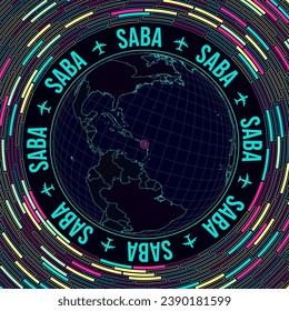 BES islands on globe. Satellite view of the world centered to BES islands. Bright neon style. Futuristic radial bricks background. Awesome vector illustration.