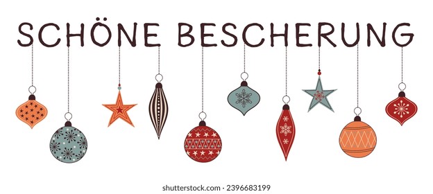 Schöne Bescherung - text in German language - Merry Christmas. Greeting card with colorful Christmas balls.
