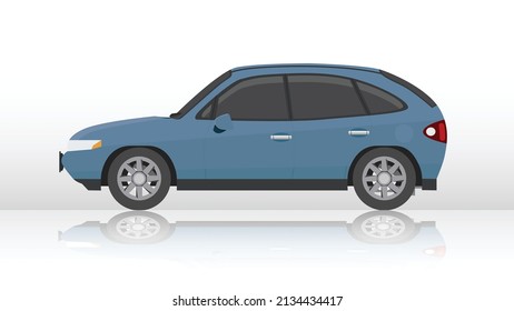 Beside luxury of sedarn car dark blue color. On backdrop of gradient white color with shadow of car on the ground. And gradient of blue to white background.