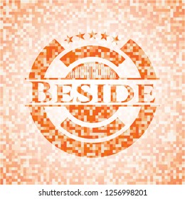 Beside orange tile background illustration. Square geometric mosaic seamless pattern with emblem inside.