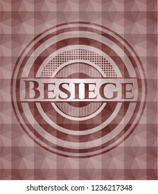 Besiege red seamless emblem or badge with abstract geometric pattern background.