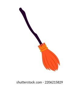 besom made from twigs on long wooden handle, vector illustration of broom for cleaning isolated on white background, halloween poster with witch broom