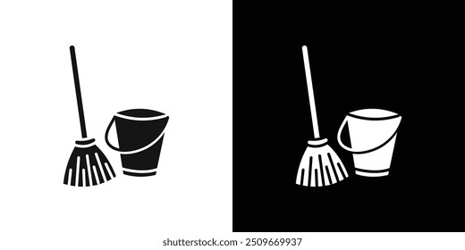besom with stick and pail icon Flat vector set outline