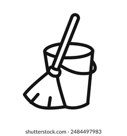 besom con el palo y el icono del cubo signo de Vector lineal