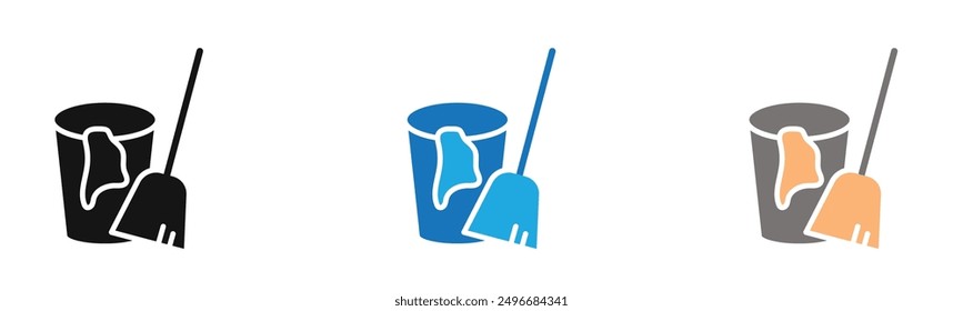 besom with stick and pail icon outline collection or set in black and white