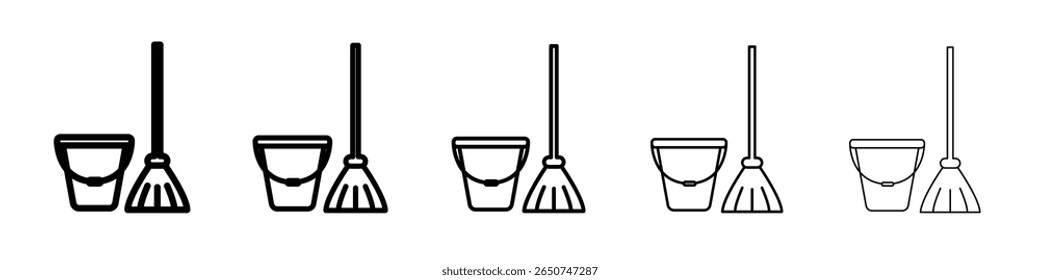 besom with stick and pail icon vector outline symbol or illustration
