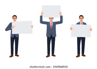 The bespectacled man pointed, raised and held an empty banner. in a bundle set. white background. happy face.