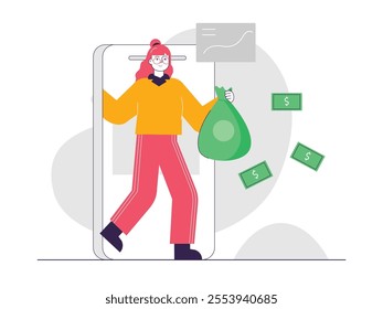 Bespectacled woman exiting phone while carrying sack of money, investment mobile phone apps. Character design. Vector flat illustration